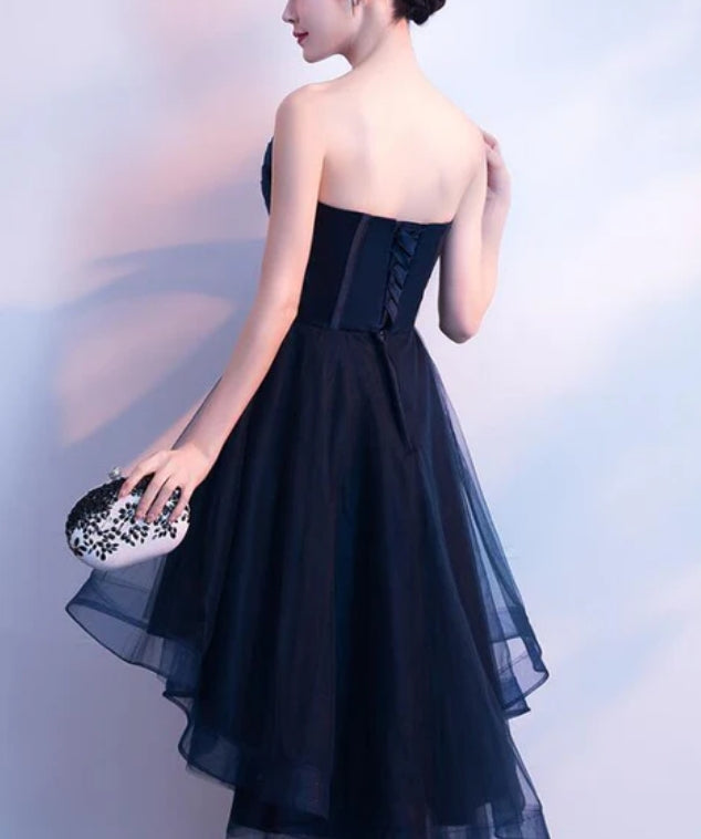 Luolandi Charming Navy Blue High Low Party Dress Lace Applique Prom Dress Off Shoulder Homecoming Dress Cocktail Dress